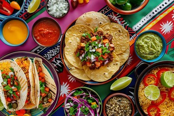 Mexican food on a Mexican bright embroidered tablecloth