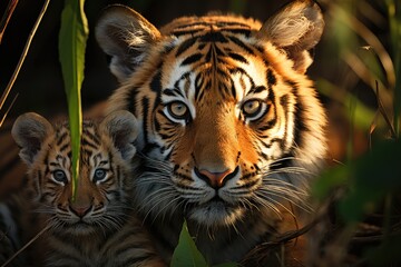 Fototapeta premium Tigress breastfeeding her young., generative IA