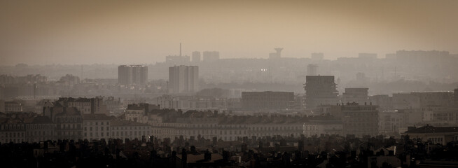 vue panoramique sur une grande ville avec immeubles, bâtiments, grues et nuages de pollution de l'air