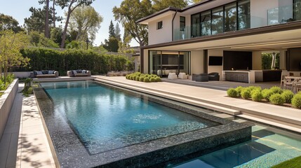 A glimpse into luxury living, a chic pool with mosaic accents, embraced by manicured gardens and a modern poolside lounge