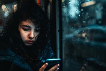 sad pretty woman in the metro who are all on their smartphones, Realistic lighting, mirroring and shadows, rain drops on the glas window and blury backround, upset cinematic mood