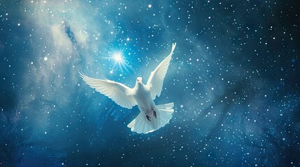 Obraz na płótnie Canvas Graceful symbol of peace: A majestic white dove soars in the celestial sky, embodying freedom and tranquility. Perfect for conveying messages of hope and spiritual connection