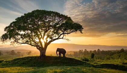 back view, lone elephant sitting on tree branch watching sunrise and sunset  - obrazy, fototapety, plakaty