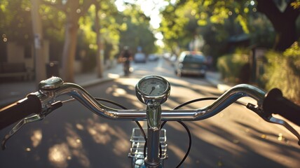 Bicycle handlebars on a sunlit city street - The perspective from a bicycle's handlebars looking down a tree-lined city street bathed in warm sunlight during a serene ride