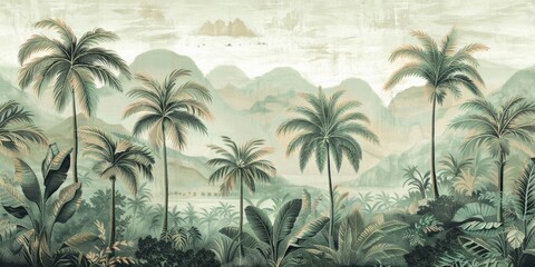 wallpaper jungle and leaves tropical forest, old drawing vintage