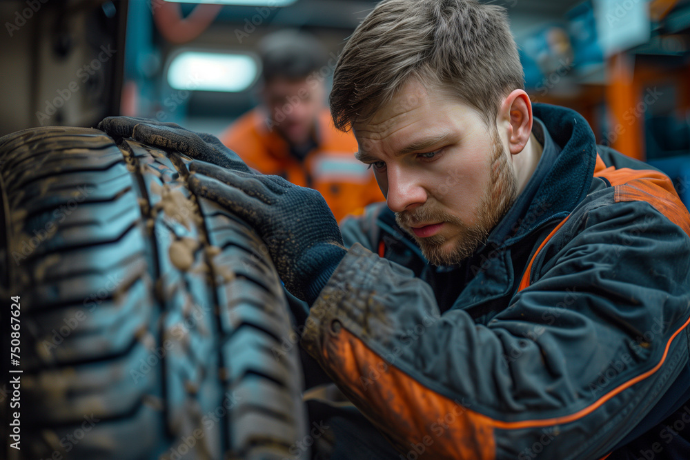Poster auto mechanic in a workshop changing a car tire on a car