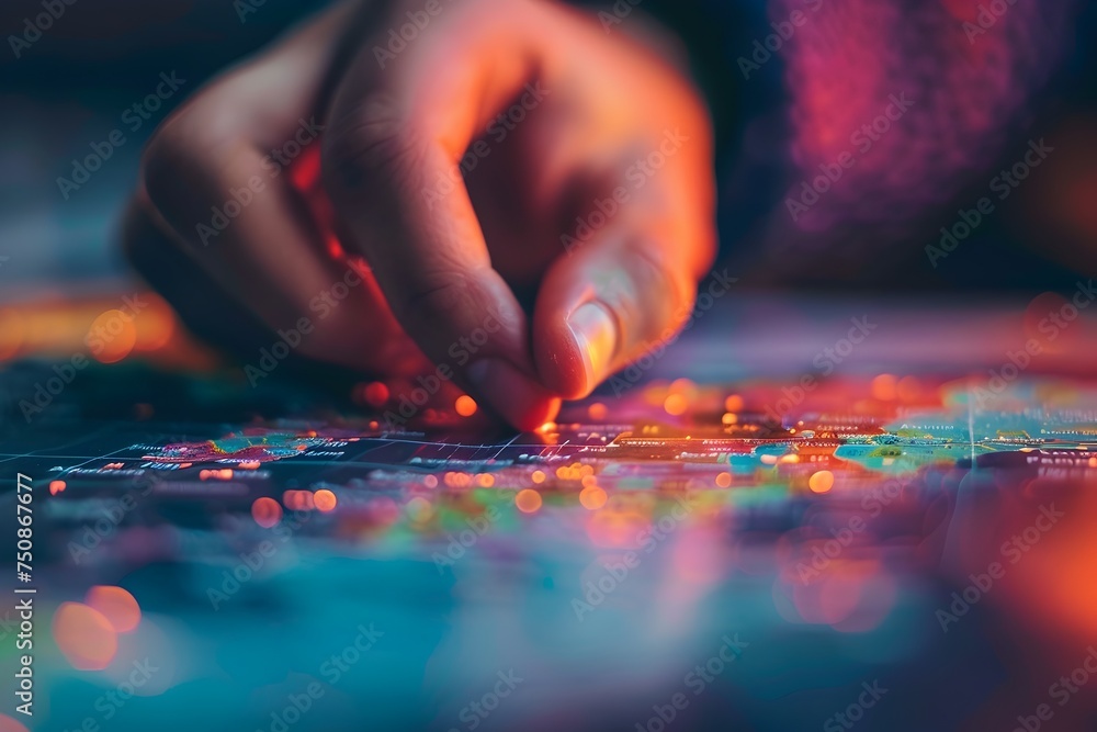 Poster close-up hand interacting with colorful data - a person's hand interacts with a futuristic digital i