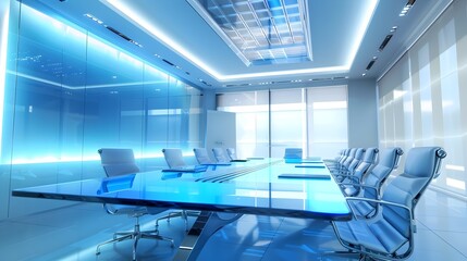 Futuristic blue and white conference room - This image features a futuristic conference room with a large blue glass table, white leather chairs, and innovative lighting creating an uplifting work env