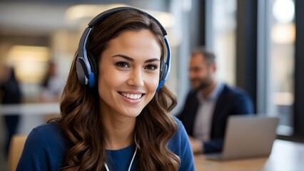 Smiling girl wearing  wireless headphone at the office