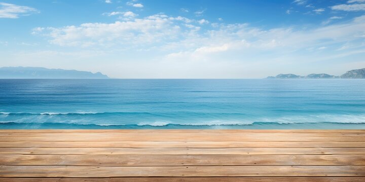 Wooden table top on blurry background of sea island and fresh blue sky with clouds on background