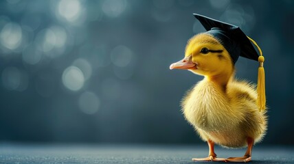 Cute duckling with a graduation cap on bokeh background - A charming yellow duckling wears a graduation cap, standing out against a beautiful bokeh background