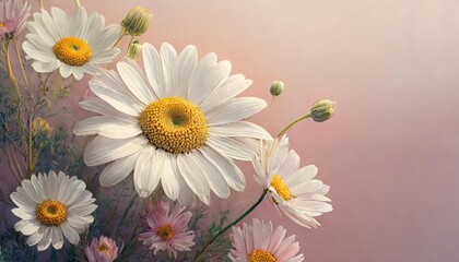 Minimal styled concept. White daisy chamomile flowers on pale pink background. Creative life