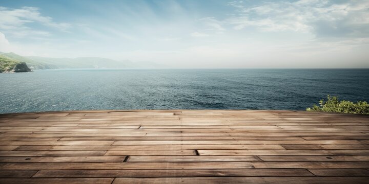 Wooden table top on blurry background of sea island and fresh blue sky with clouds on background