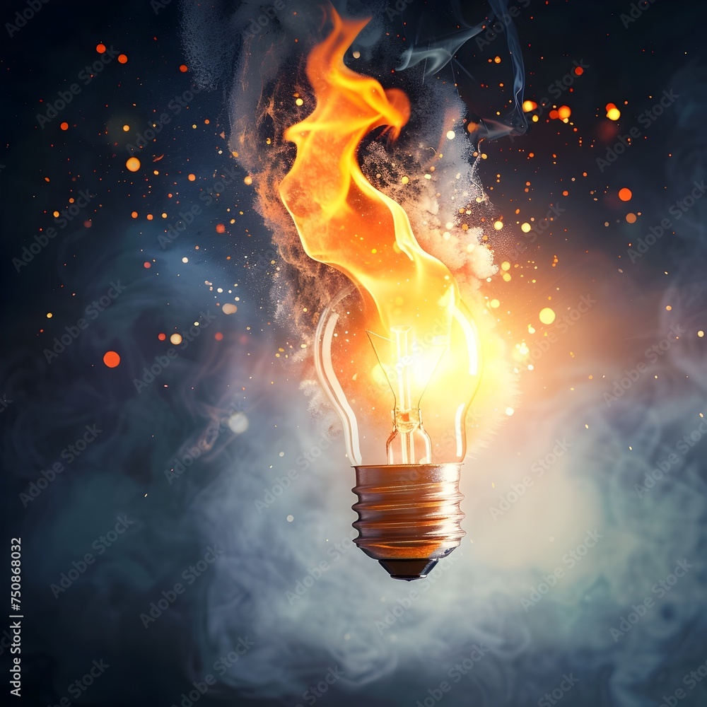 Poster fiery lightbulb concept on dark background - a dynamic image depicting a lightbulb with flames aroun