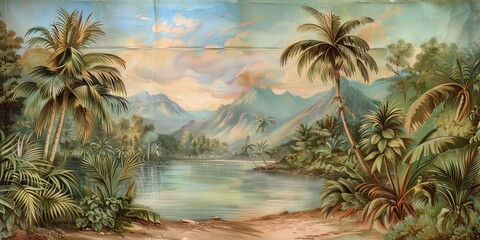 wallpaper jungle and leaves tropical forest, old drawing vintage
