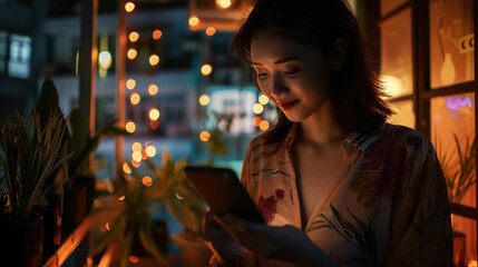 A woman in a night setting at a home terrace, illuminated by ambient lights, reviewing stock market charts on her smartphone, Finance and Economy, Business Strategy, with copy spac