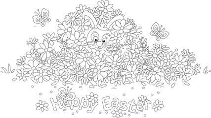 Greeting card with a happy Easter bunny among spring flowers and merry butterflies fluttering around a pretty flowerbed in a fairy garden, black and white vector cartoon illustration