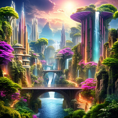 A surreal landscape featuring an otherworldly cityscape intertwined with natural elements.