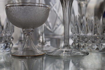 closeup shiny and reflective precious crystal glassware collection