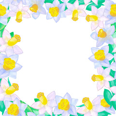 frame with flowers watercolor drawing base for creativity frame of daffodils with leaves mockup