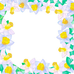 Obraz premium frame with flowers watercolor drawing base for creativity frame of daffodils with leaves mockup