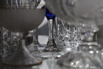 closeup shiny and reflective precious crystal glassware collection