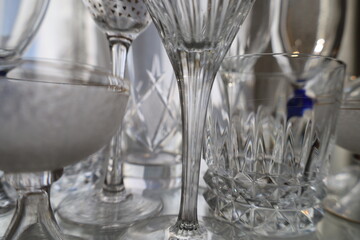 closeup shiny and reflective precious crystal glassware collection