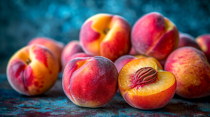  Ripe Peaches with Vibrant Hues,Succulent ripe peaches in rich shades of red and orange, with one peach halved to display its luscious interior and pit. - obrazy, fototapety, plakaty