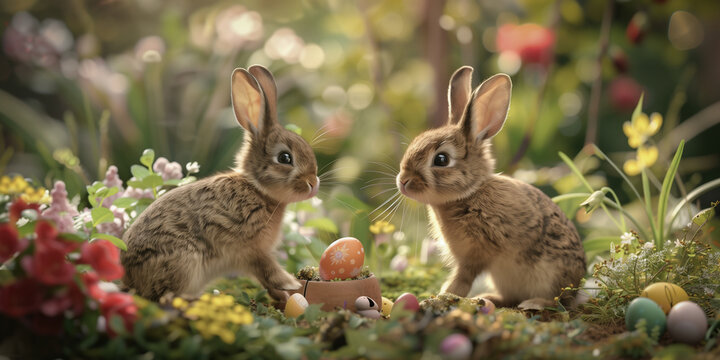 two easter bunnies sit at the nest with easter eggs