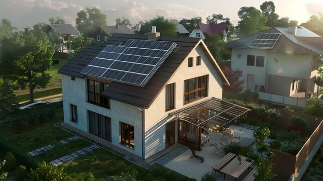 Beautiful houses with solar panels on the roof