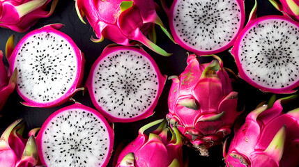 Obraz na płótnie Canvas Sliced Dragon Fruit on Dark Background, Halved dragon fruits displaying vibrant pink skin and speckled white flesh, artistically arranged on a dark surface.