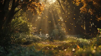 A hidden glade in the woods, illuminated by dappled sunlight filtering through the changing leaves, creating a magical atmosphere. - obrazy, fototapety, plakaty