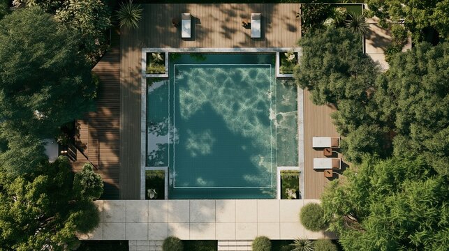 A glimpse of paradise in a panoramic view of an extravagant pool, framed by contemporary design and surrounded by manicured gardens