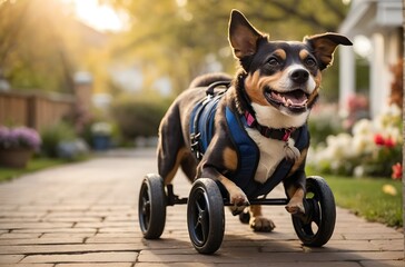 Joyful dog navigating with a wheelchair outdoors