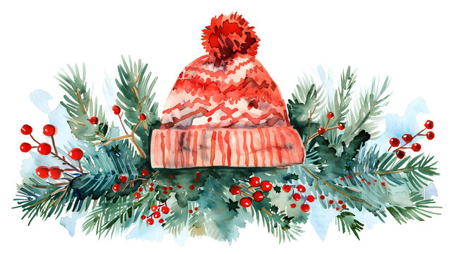 Whimsical Watercolor Christmas Hat: A Festive Illustration in Red and Green Colors, Ideal for Holiday Cards and Invitations