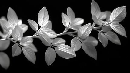 a black and white photo of a branch of a tree with leaves in the foreground and a black background.
