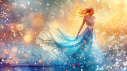 Fototapeta na wymiar Goddess of fairy in magical glittering blue dress walks on water