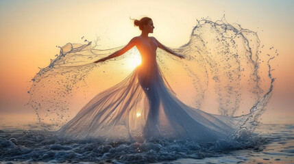 Obraz premium Goddess of fairy in magical dress walks on water, magical sea scene