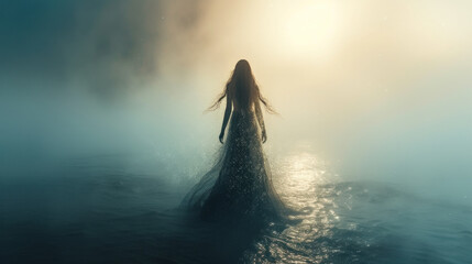 Goddess of fairy in magical dress walks on water, magical sea scene - obrazy, fototapety, plakaty