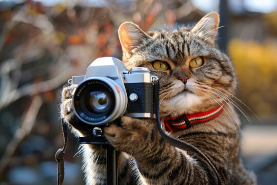 Portrait of a cat holding a photo camera