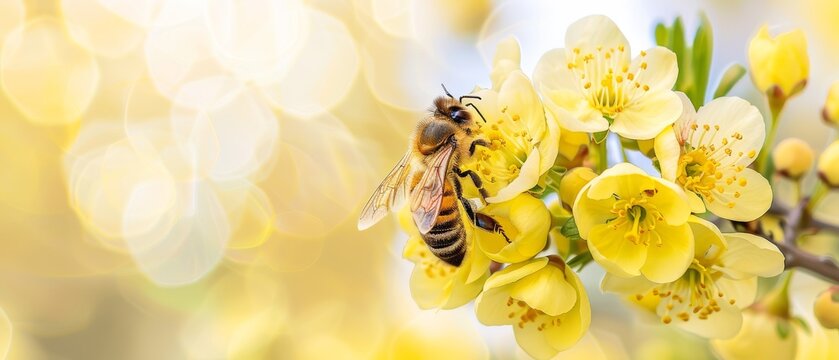 a bee sitting on a yellow flower with boke of light in the back ground and boke of light in the back ground.