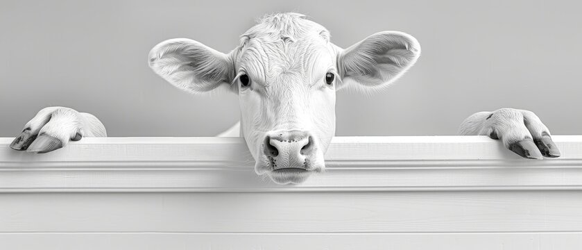 a black and white photo of a cow sticking its head over the edge of a window sill looking at the camera.