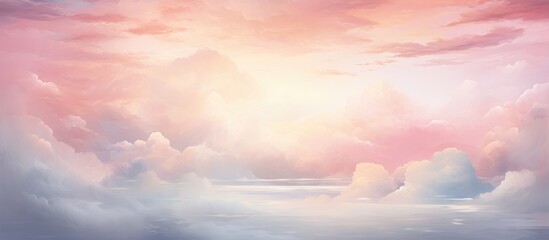 A painting depicting a pink sky filled with fluffy clouds, creating a soft and dreamy atmosphere....