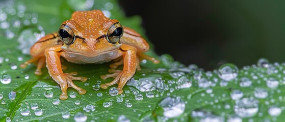 a close up of a frog on a leaf with drops of water on it's surface and a green background.