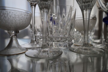 closeup shiny and reflective precious crystal glassware collection