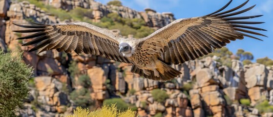 a bird that is flying in the air with its wings spread and it's wings are spread wide open and there is a mountain in the background.