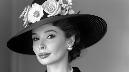 a black and white photo of a woman wearing a large hat with flowers on the top of the brim.