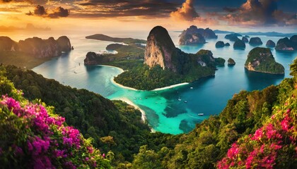  Paisaje pintoresco.Oceano y montañas.Viajes y aventuras alrededor del mundo.Islas de Tailand - obrazy, fototapety, plakaty