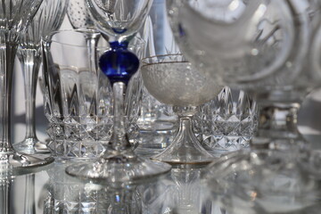 closeup shiny and reflective precious crystal glassware collection