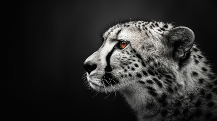 a close up of a cheetah's face in black and white with a red spot in the eye.